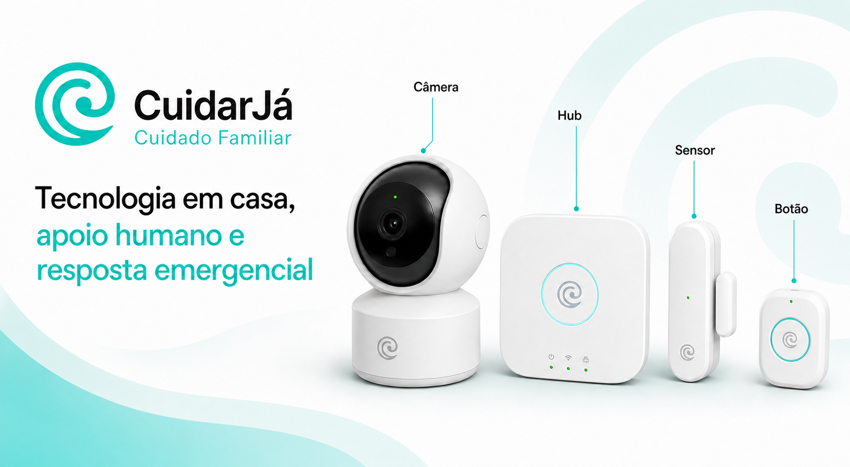 Kit CuidarJá Cuidado Familiar com câmera interna, hub de automação, sensor de abertura e botão inteligente